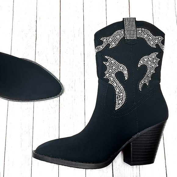 New Womens Black Rhinestone Blingy Western Cowboy Ankle Boots Booties - Picture 6 of 7